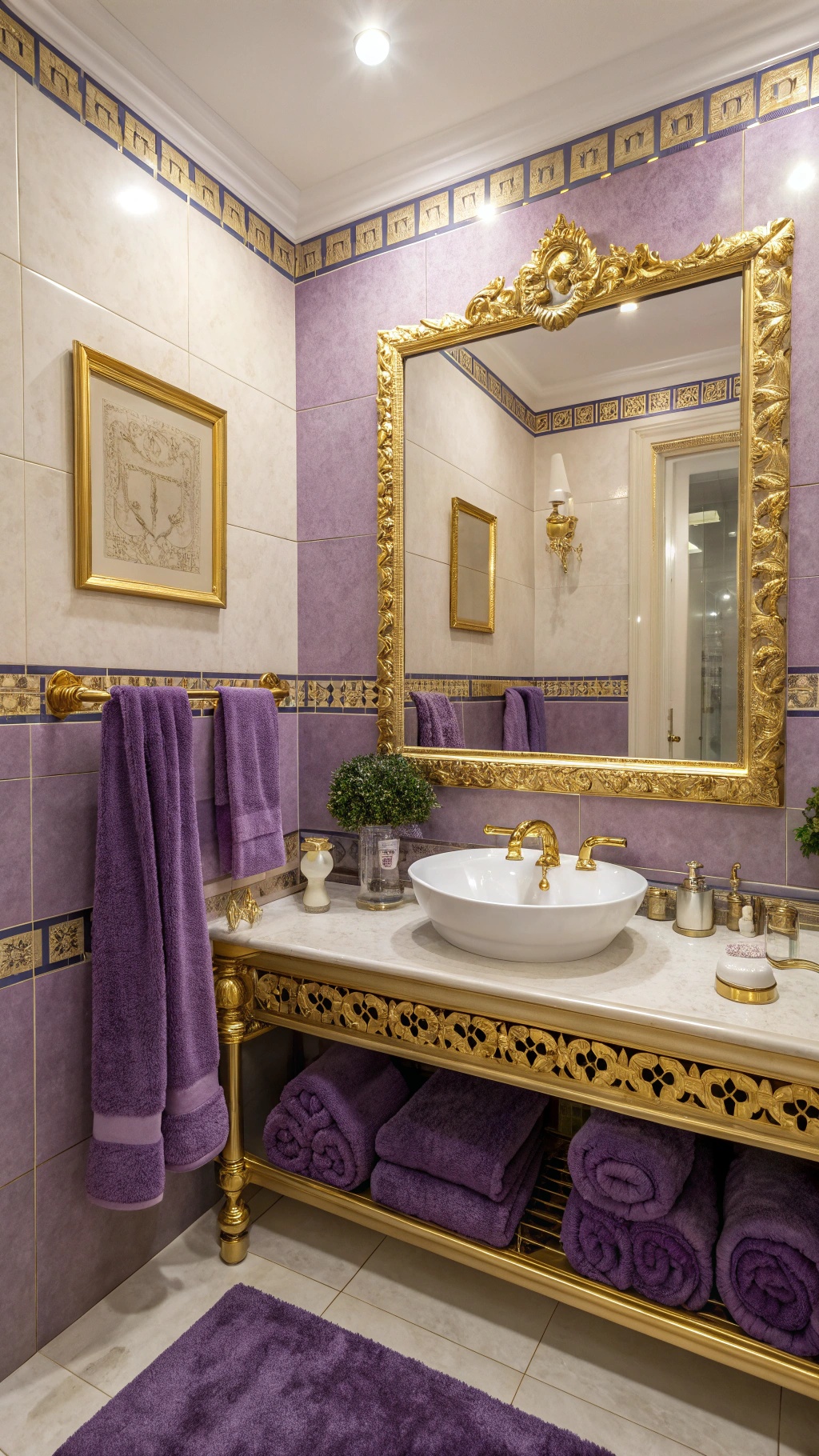 A stylish bathroom featuring purple walls and gold accents, showcasing towels and decor.