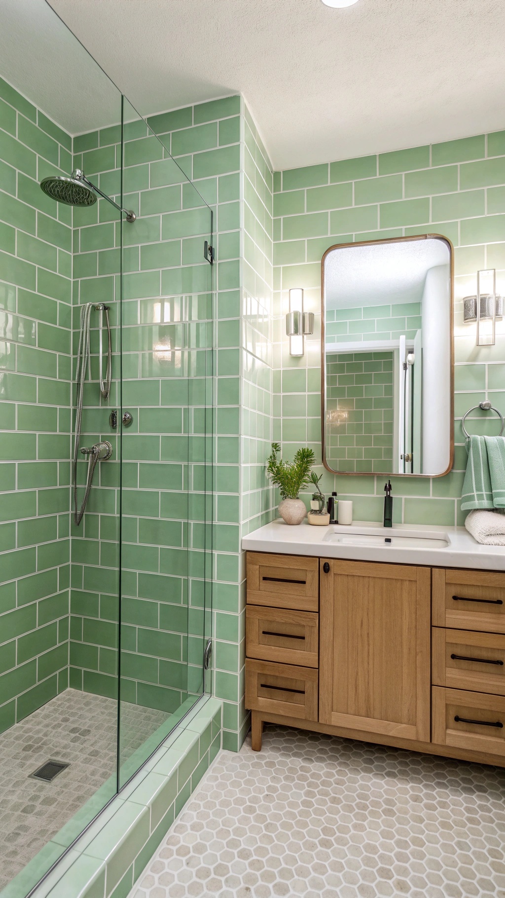 A bathroom featuring cucumber green shower tiles, a wooden vanity, and a modern mirror.
