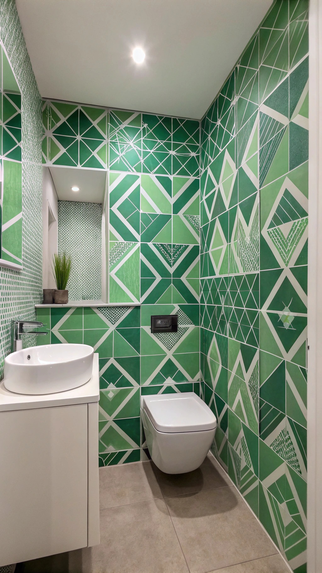 A bathroom featuring green geometric patterned tiles on the walls.