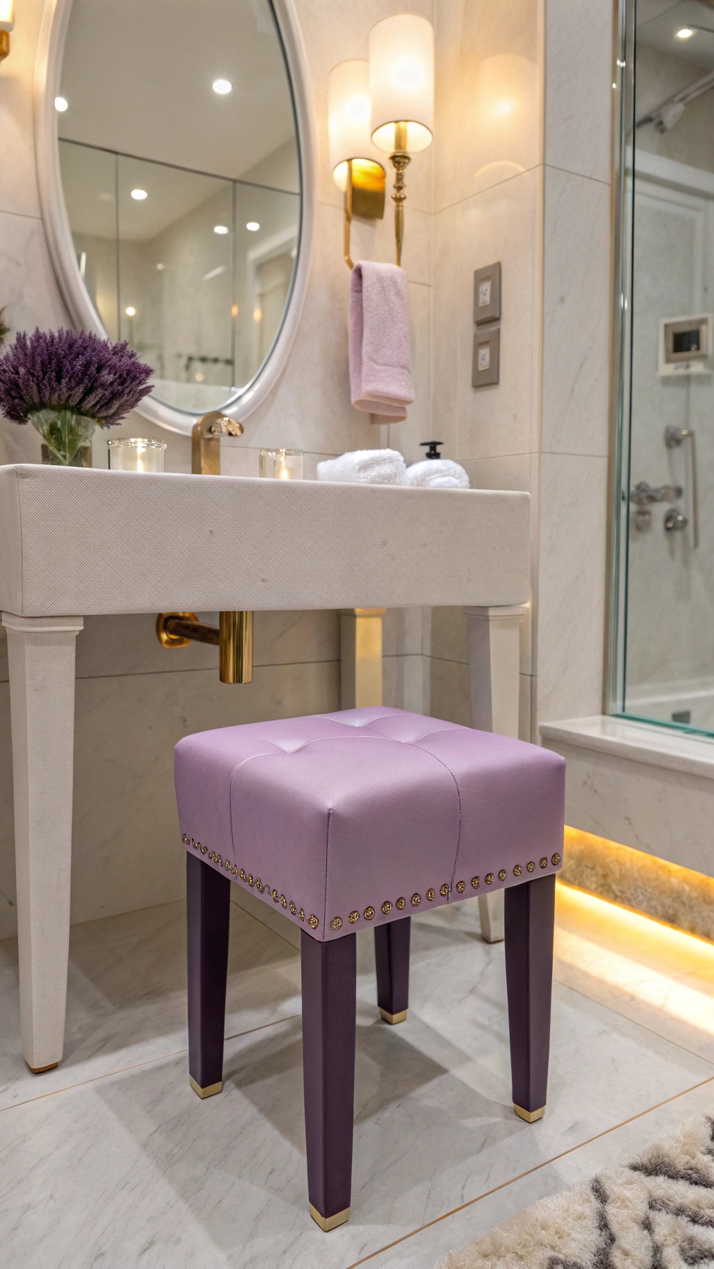 A lilac vanity stool with purple legs and gold accents in a modern bathroom setting.