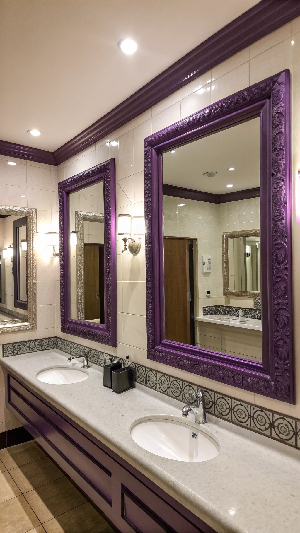 A bathroom featuring purple accented mirrors with elegant frames.