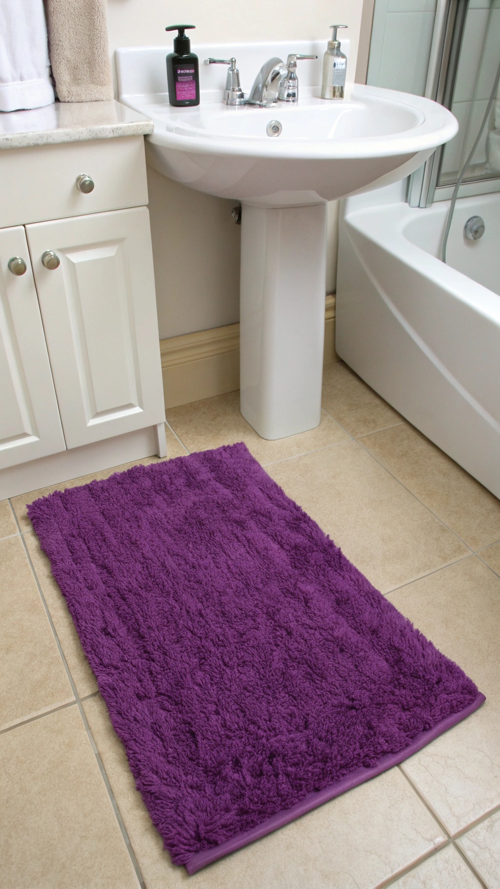 A plush purple rug placed in a bathroom near a sink.