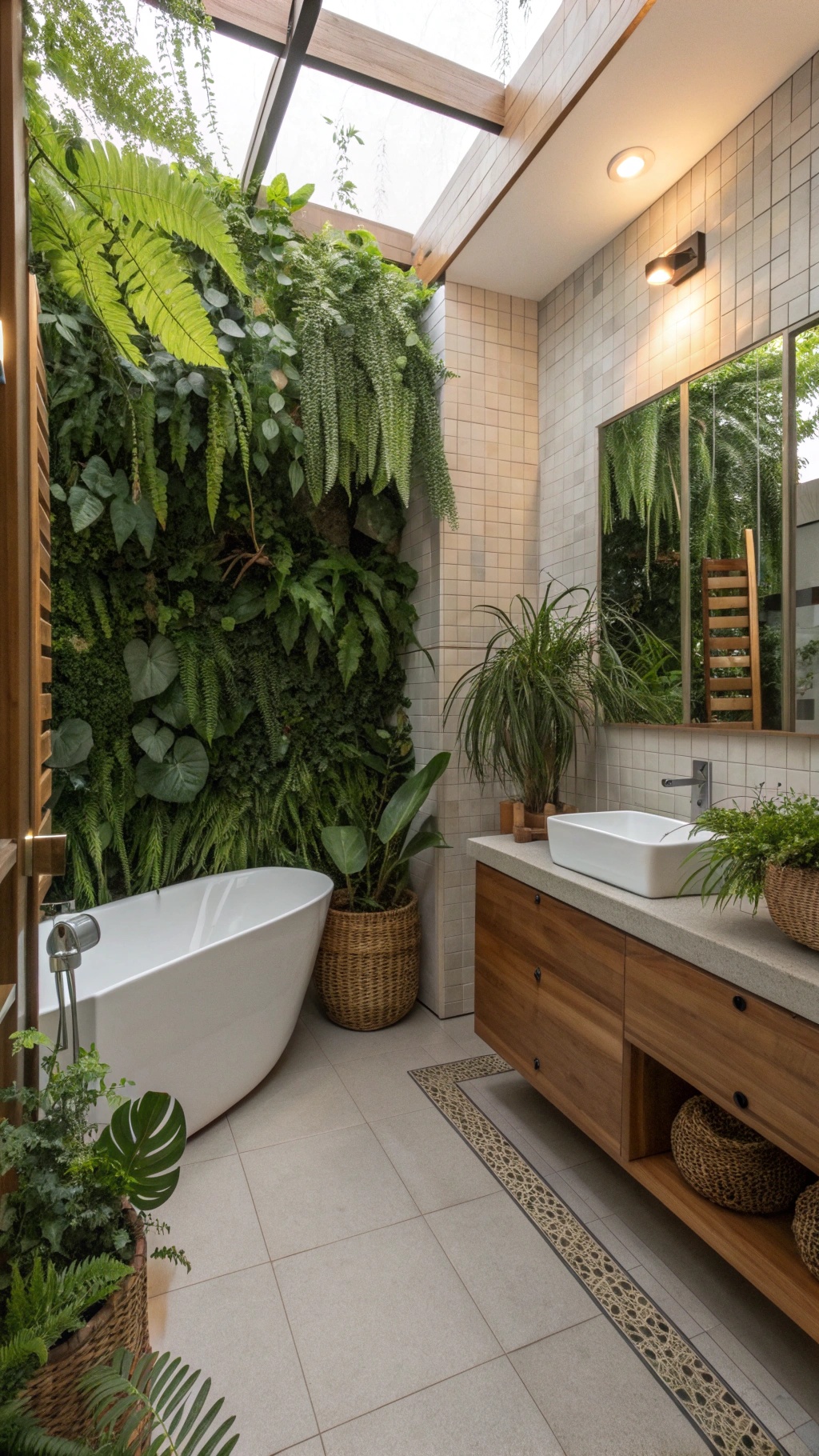 A beautifully designed bathroom featuring lush green plants and a modern bathtub.