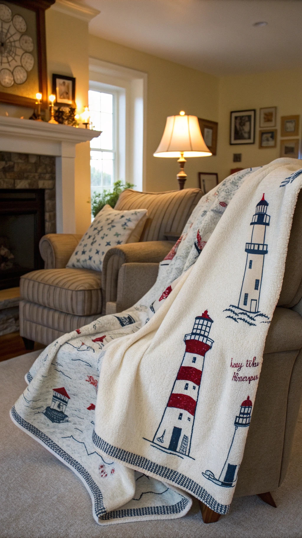 Cozy living room with a lighthouse motif throw blanket draped over a chair.