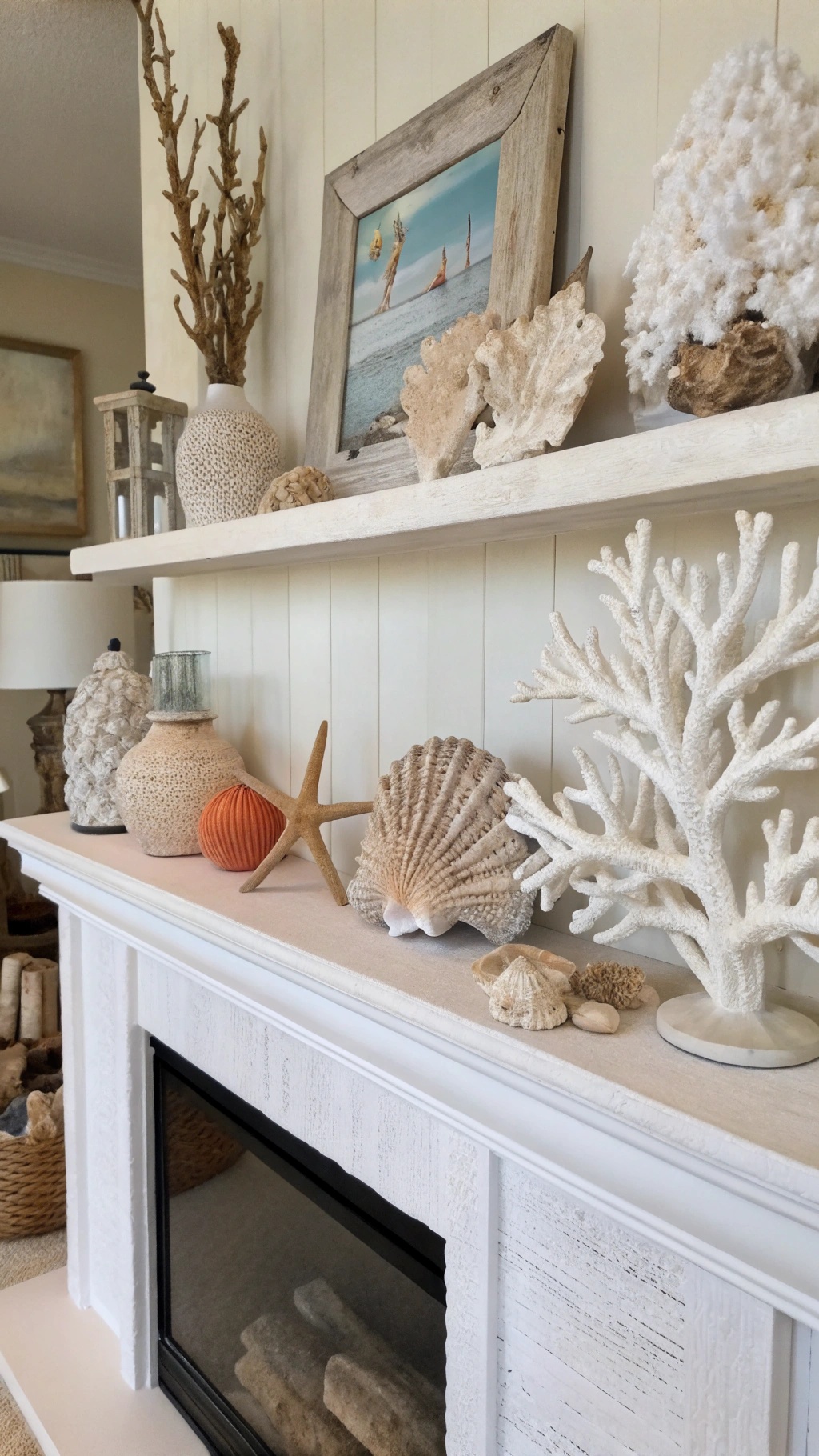 Decorative coral accents on a shelf in a coastal living room.