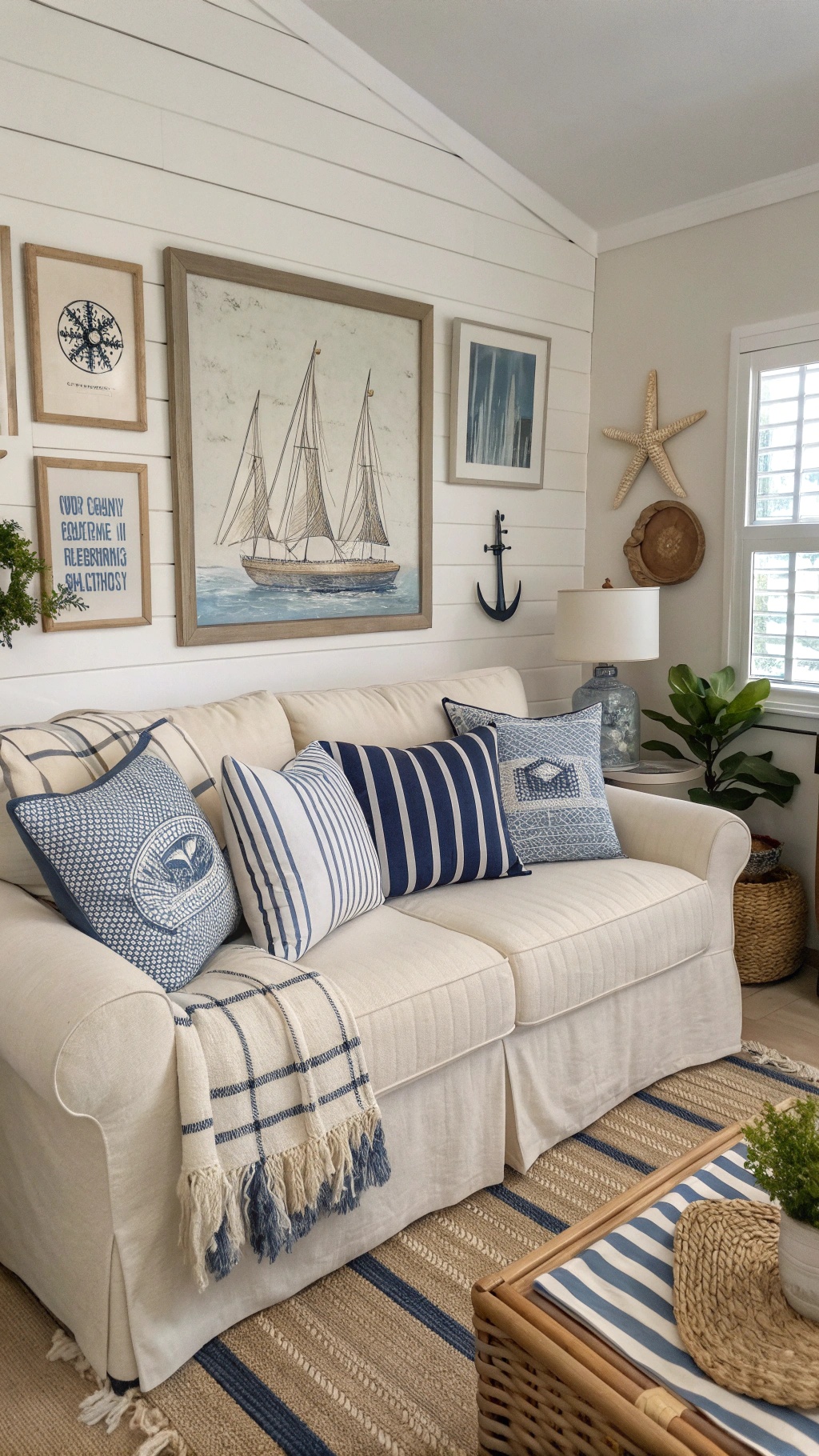 A cozy living room with a white sofa adorned with nautical striped throw pillows, a woven rug, and coastal decor.