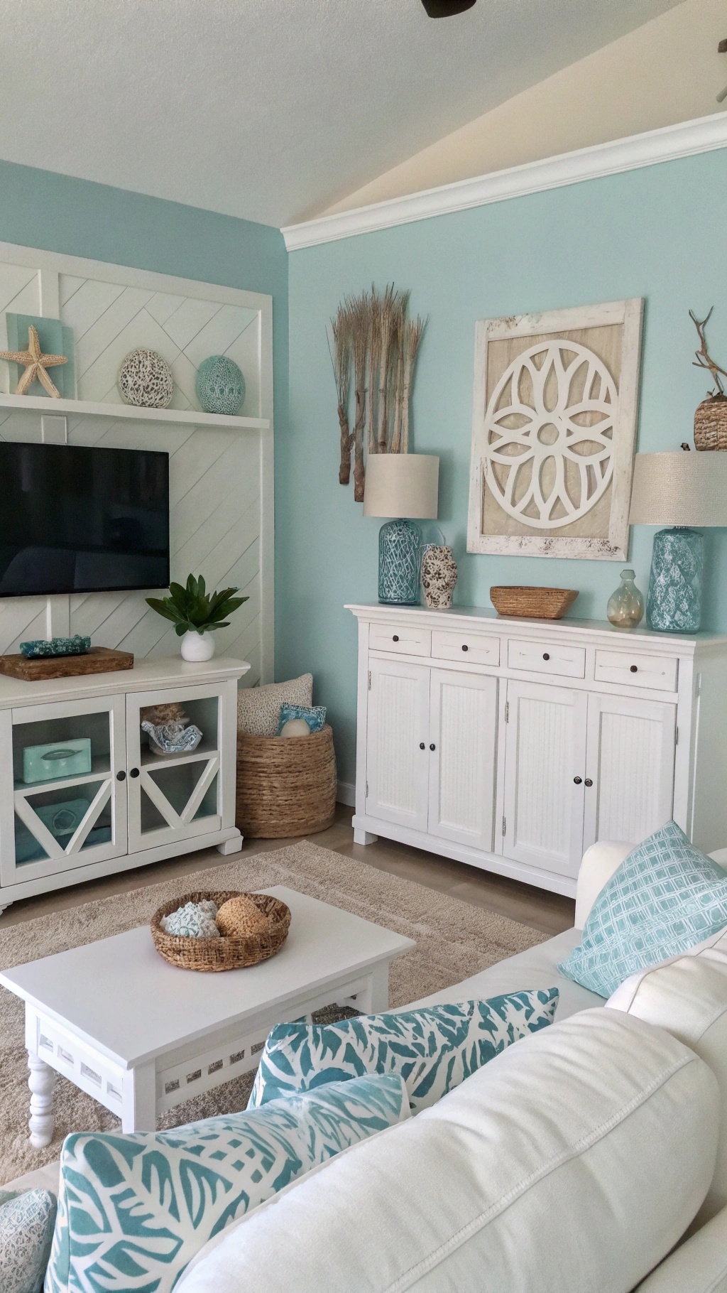 A coastal living room featuring light blue walls, white furniture, and decorative accents.
