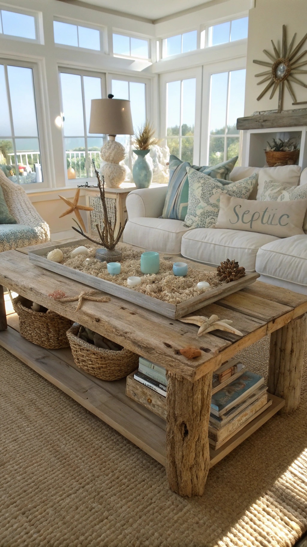 A rustic driftwood coffee table with decorative elements like seashells and candles.