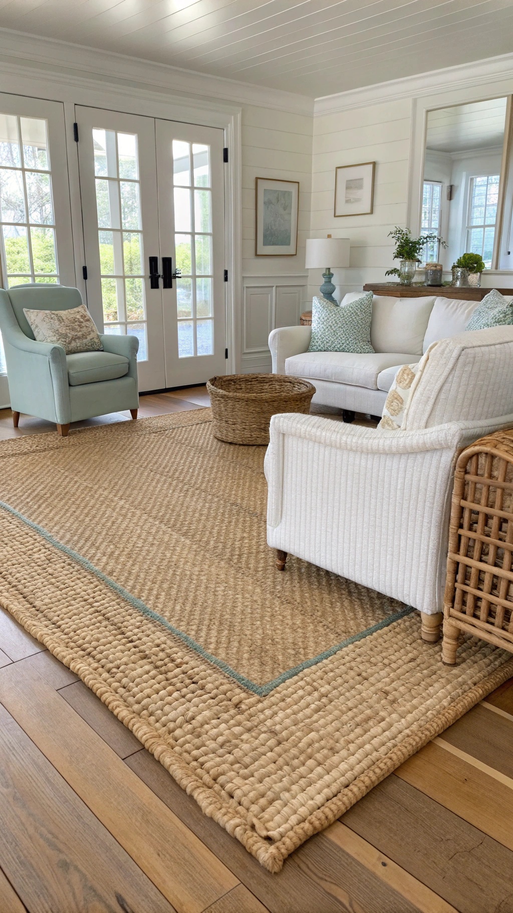 A cozy living room featuring a woven seagrass rug, light-colored furniture, and large windows.