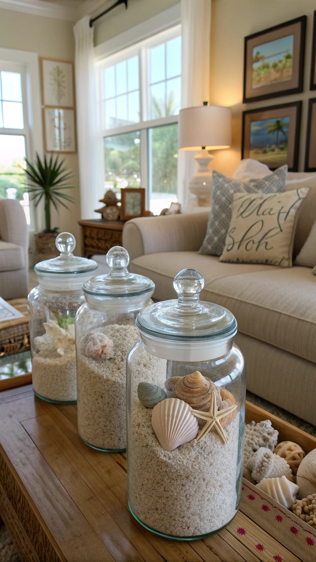 Glass jars filled with sand and shells in a coastal living room