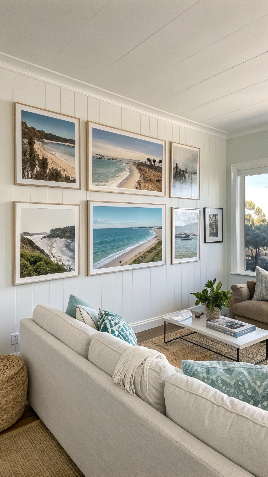 Gallery wall with coastal photography in a living room