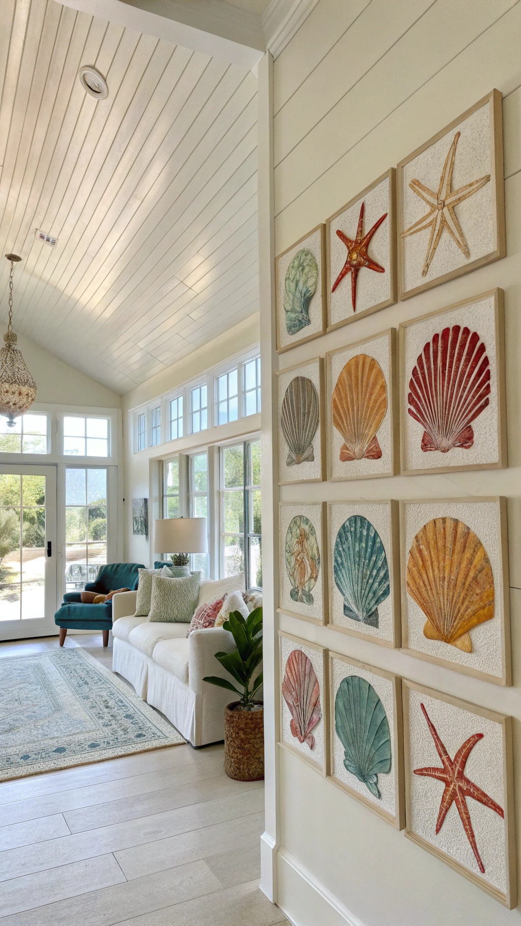 A living room featuring seashell-inspired wall art with various shell designs in frames.