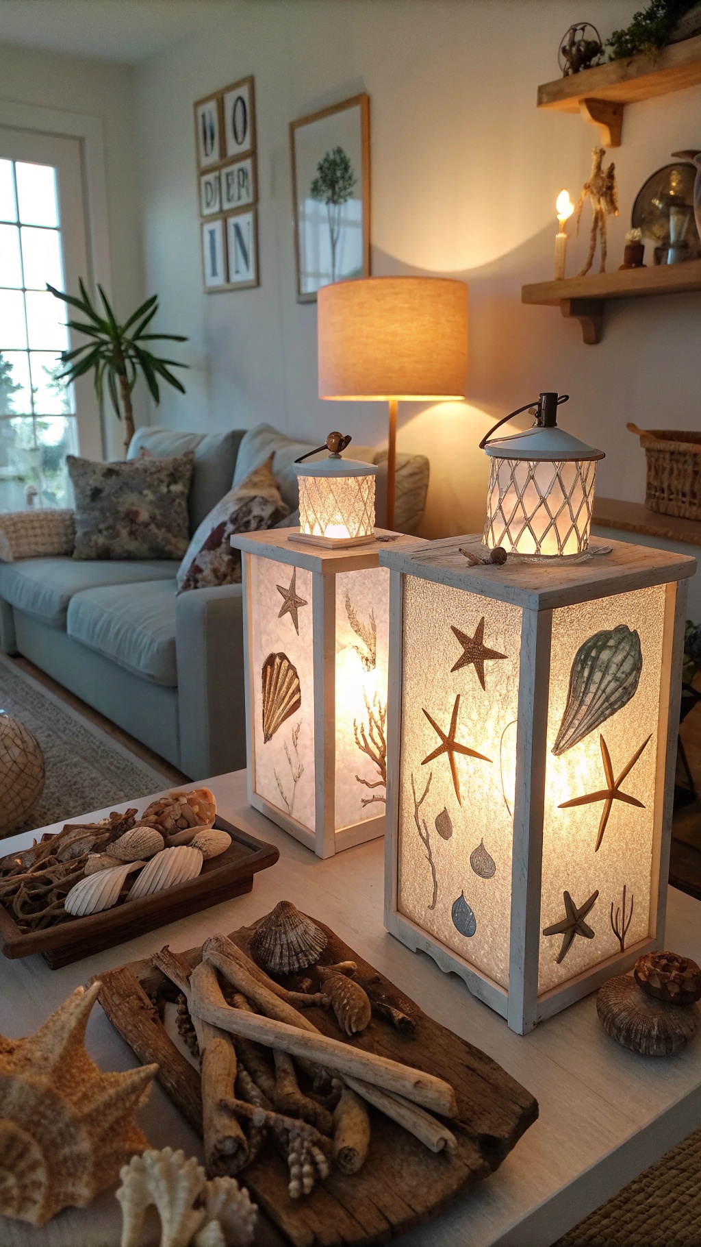 Coastal living room with beachy lanterns and seashell decor