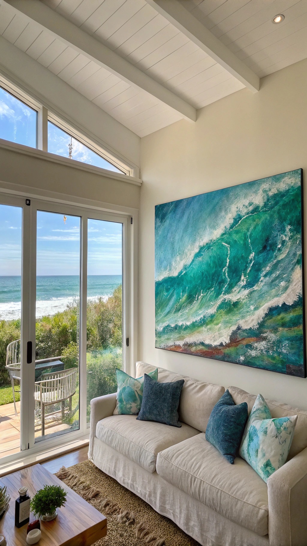 A living room with ocean-inspired artwork and a view of the sea.