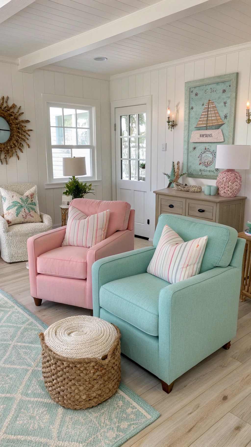 A living room featuring pastel colored accent chairs in pink and mint green, complemented by a woven pouf and light decor.