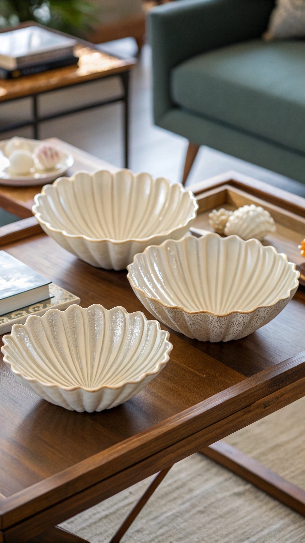 Three shell-shaped decorative bowls on a wooden table