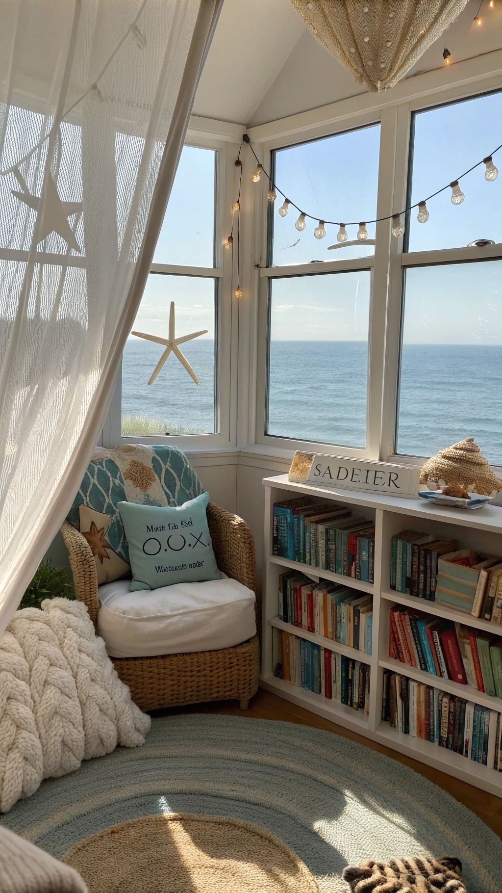 Coastal-themed book nook with a cozy chair, knitted blanket, and beach decor.