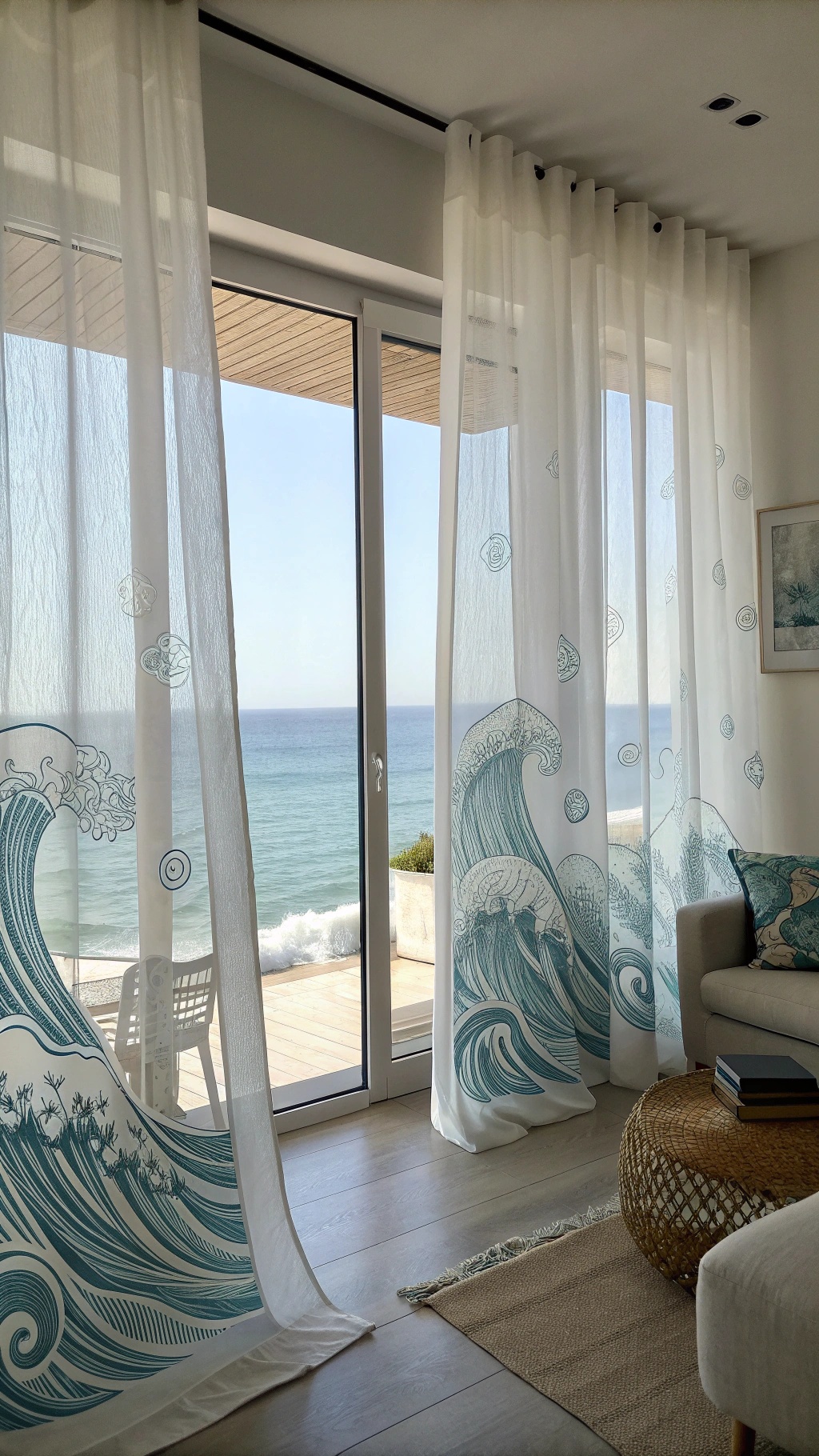 Ocean wave patterned curtains in a bright living room with a view of the sea.