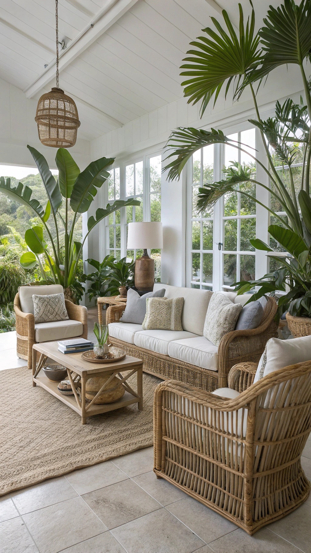 Coastal living room featuring rattan furniture, plants, and natural light.