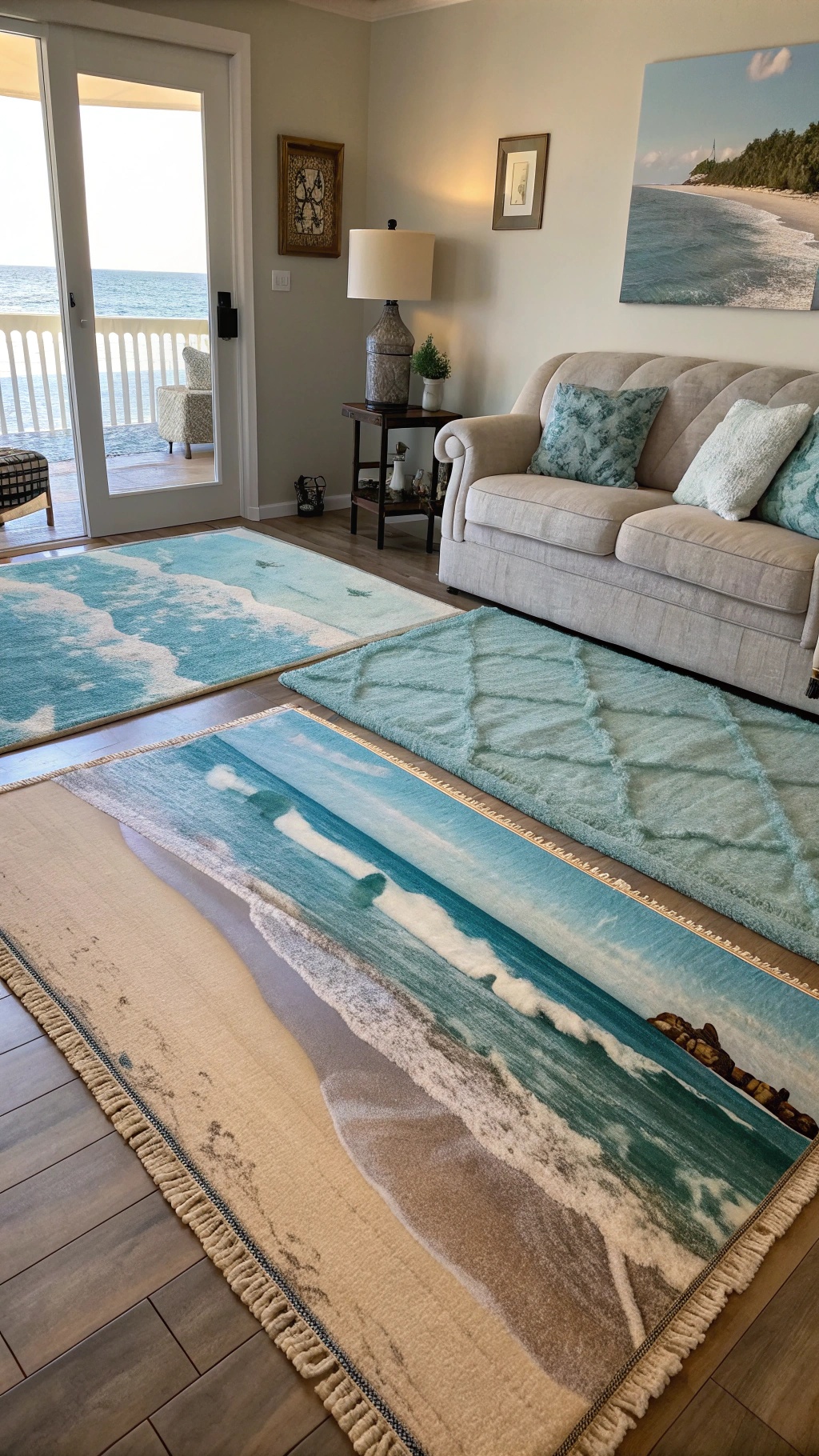 Living room with beach scene throw rugs and coastal decor
