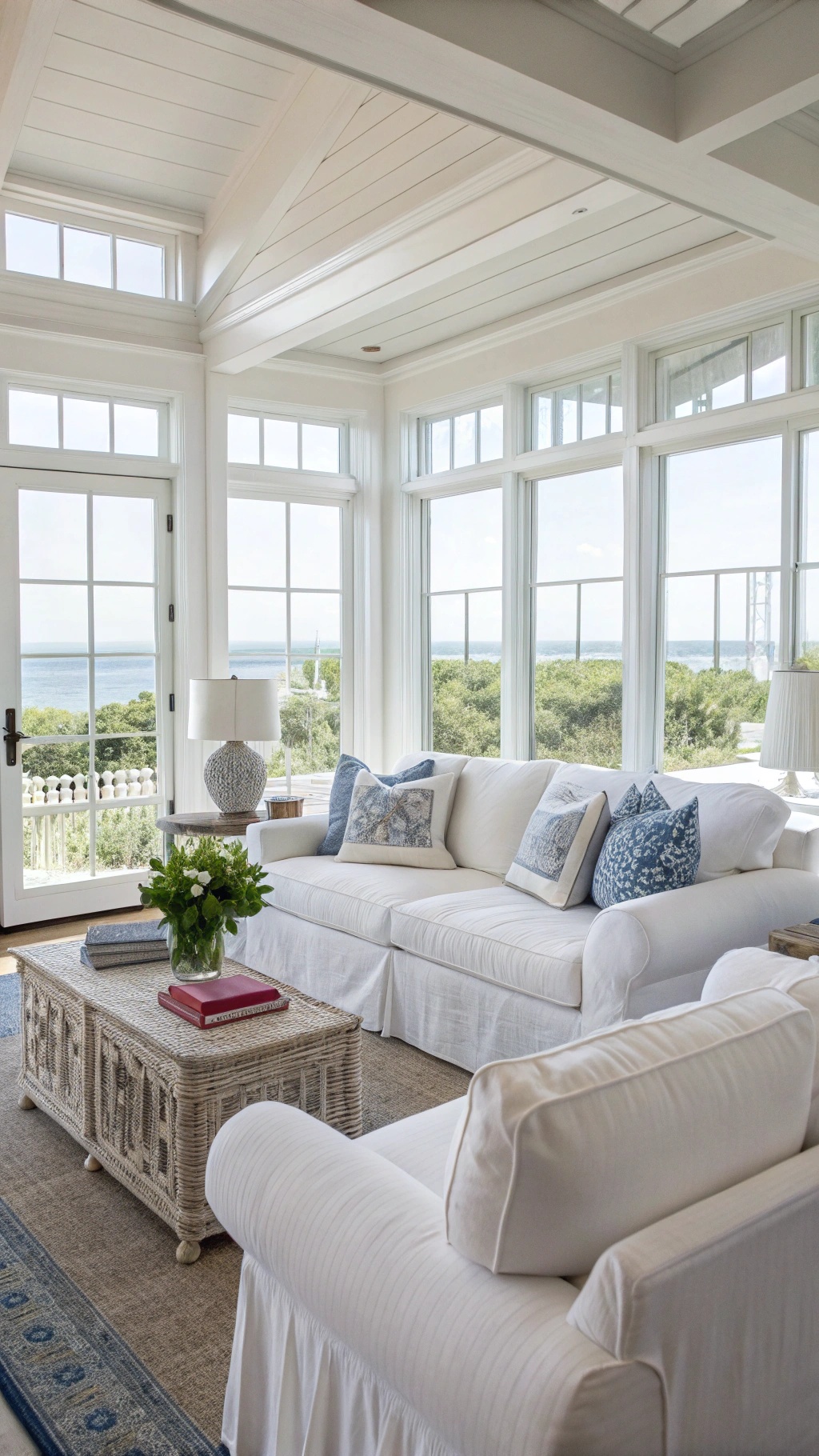 Bright white slipcovered sofas in a coastal living room with large windows and a view.