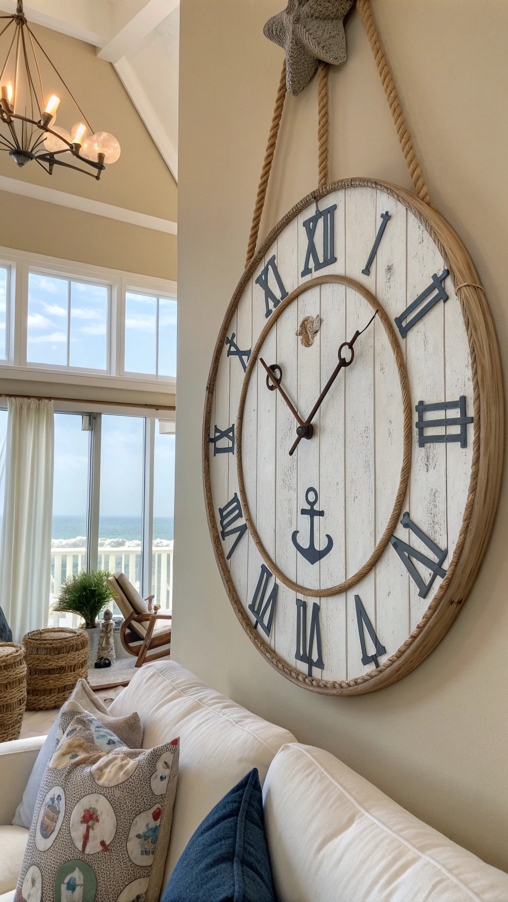 Nautical-themed wall clock with anchor design in a coastal living room