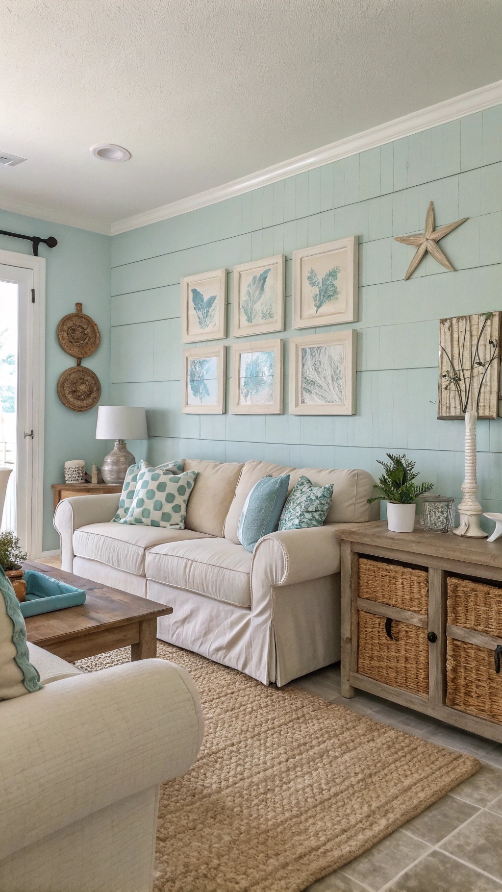 Coastal living room with light blue accent wall, beige sofa, and beach-themed decor.