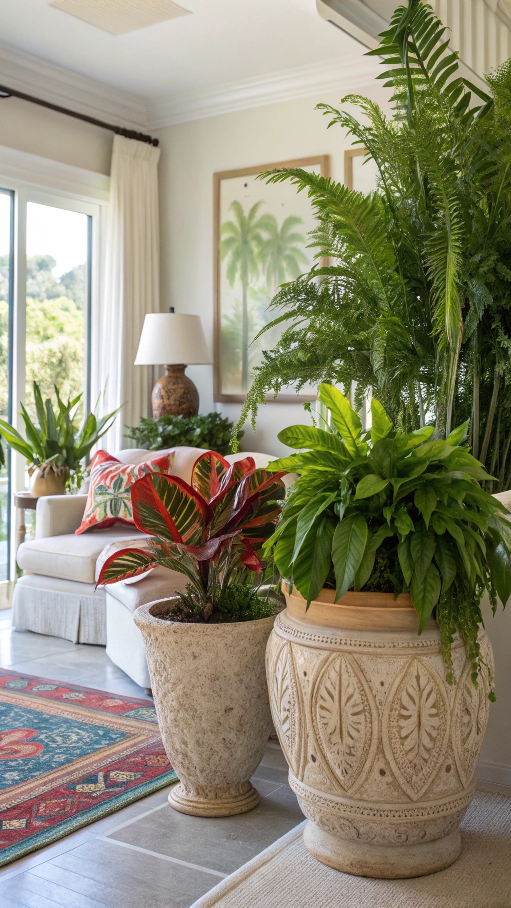 A cozy living room with decorative pots filled with lush greenery, showcasing a coastal vibe.