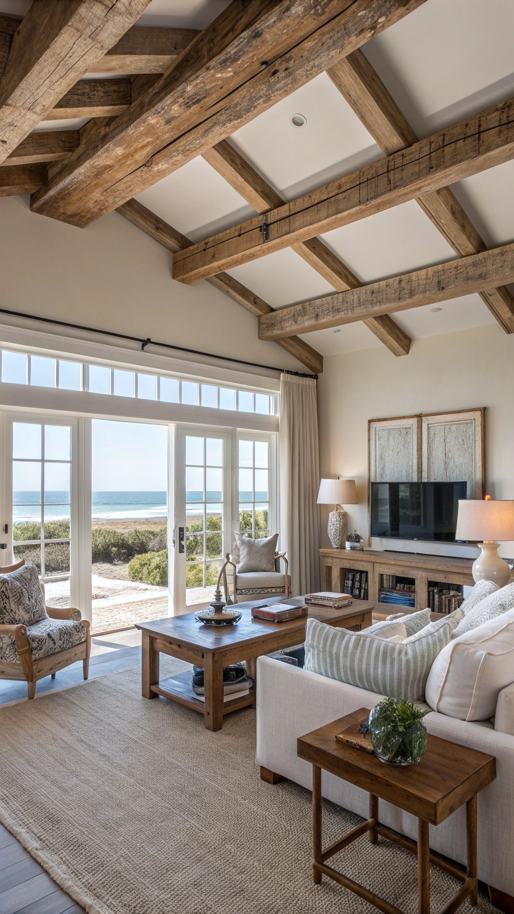 A living room with rustic wooden beams on the ceiling, featuring a cozy coastal decor.