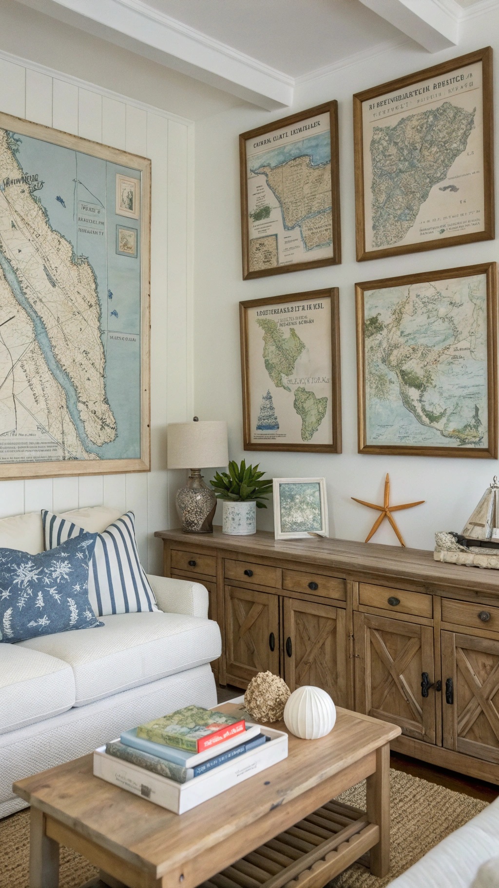 A cozy living room featuring vintage maps as wall decor, with a white sofa and wooden furniture.