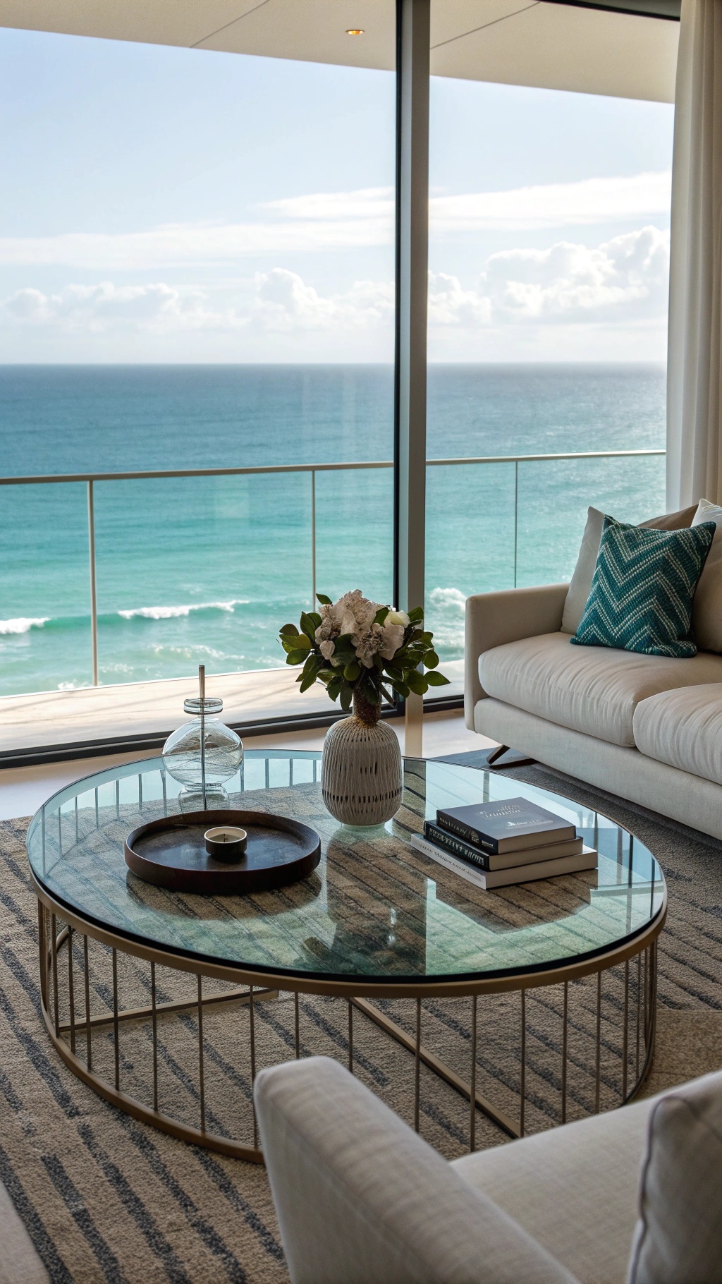 A modern living room featuring a glass coffee table with ocean views, decorated with flowers and books.