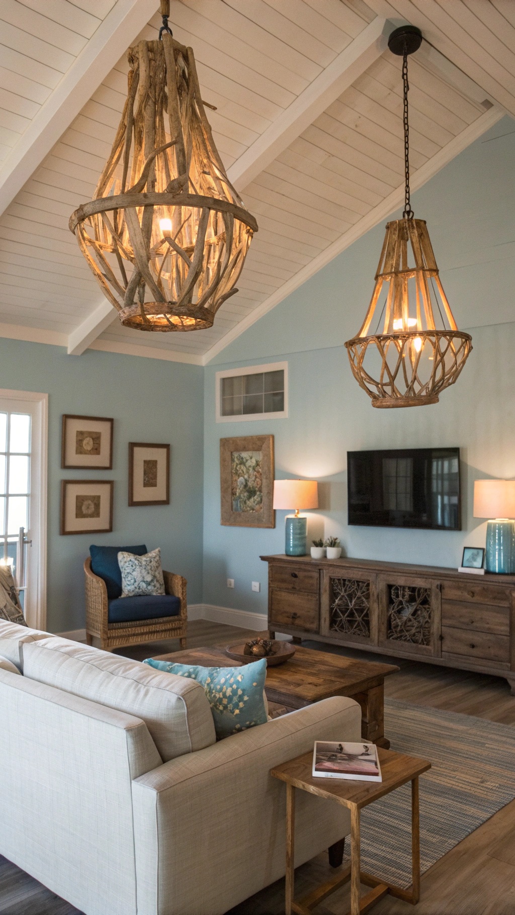 A coastal living room featuring driftwood light fixtures, a comfortable sofa, and beach-themed decor.