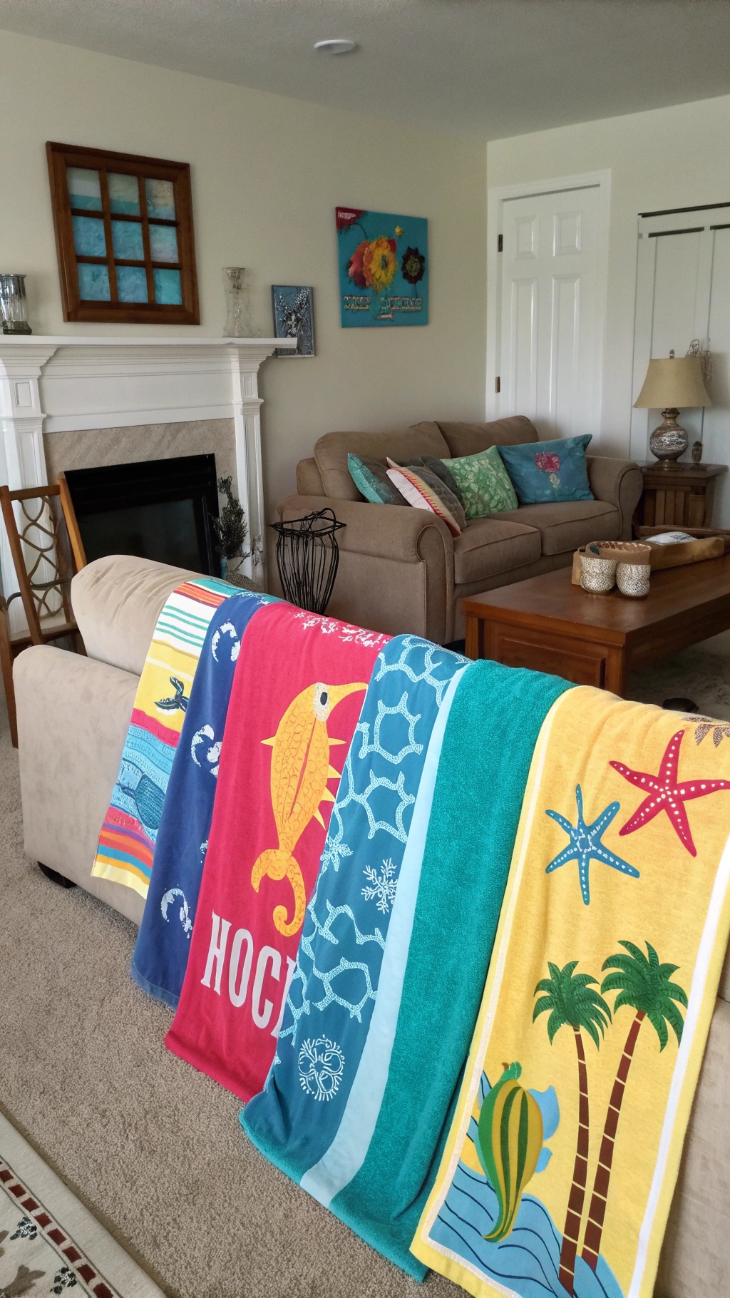 Colorful beach towels displayed in a coastal living room.