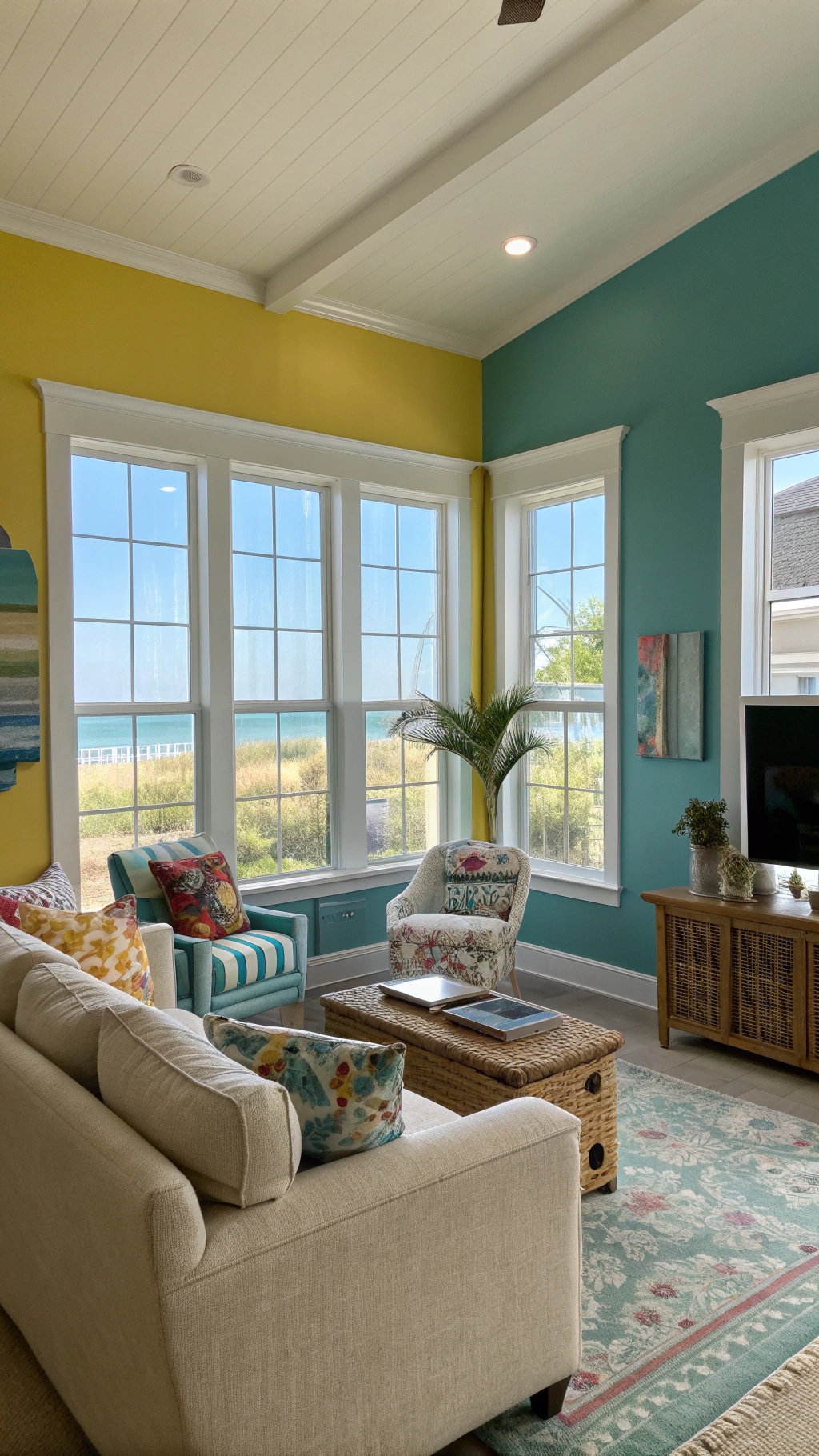 A brightly colored living room with yellow and teal walls, featuring cozy seating and coastal decor.