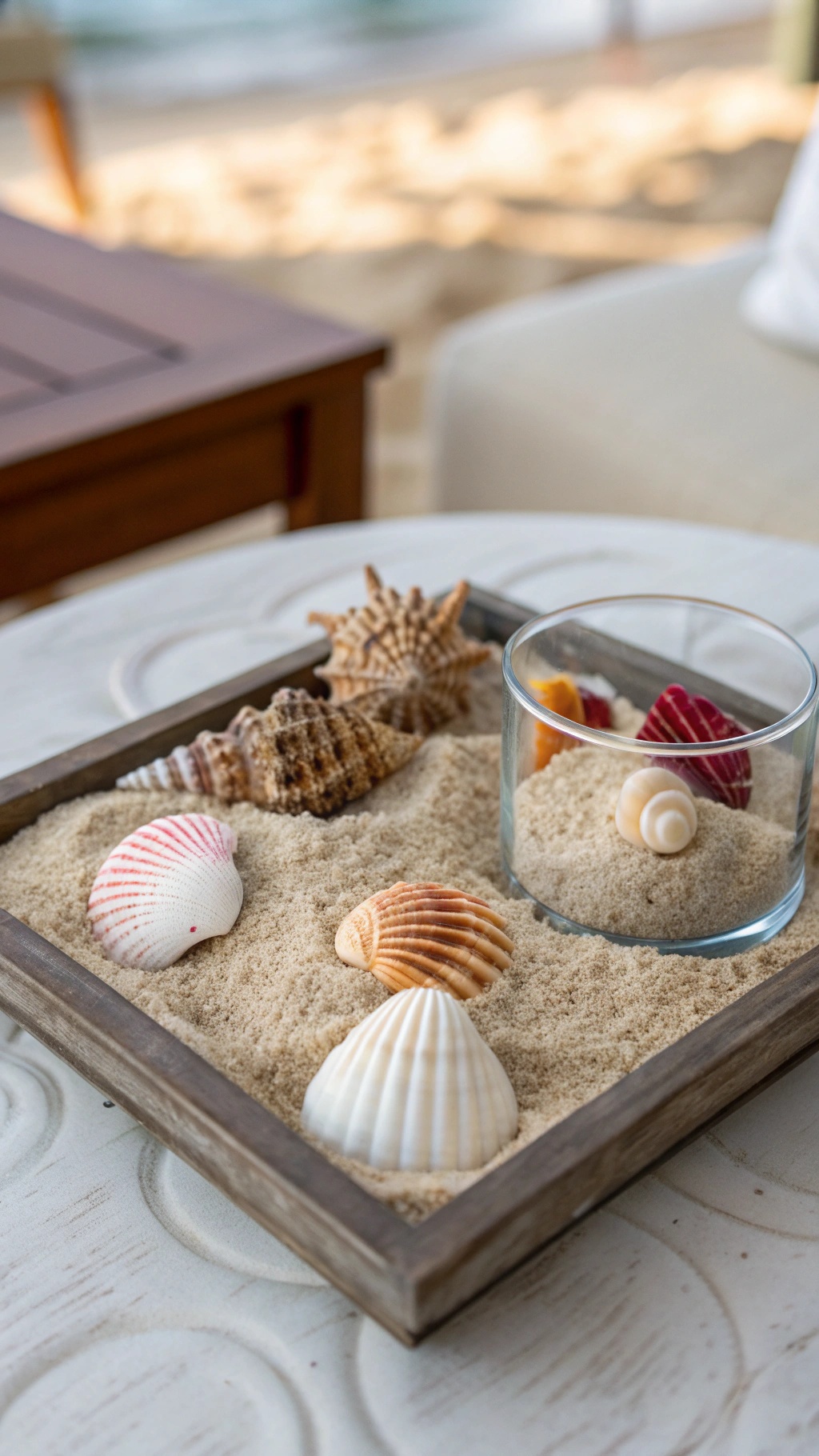 A coffee table centerpiece featuring a tray with sand and various seashells, creating a beachy decor vibe.