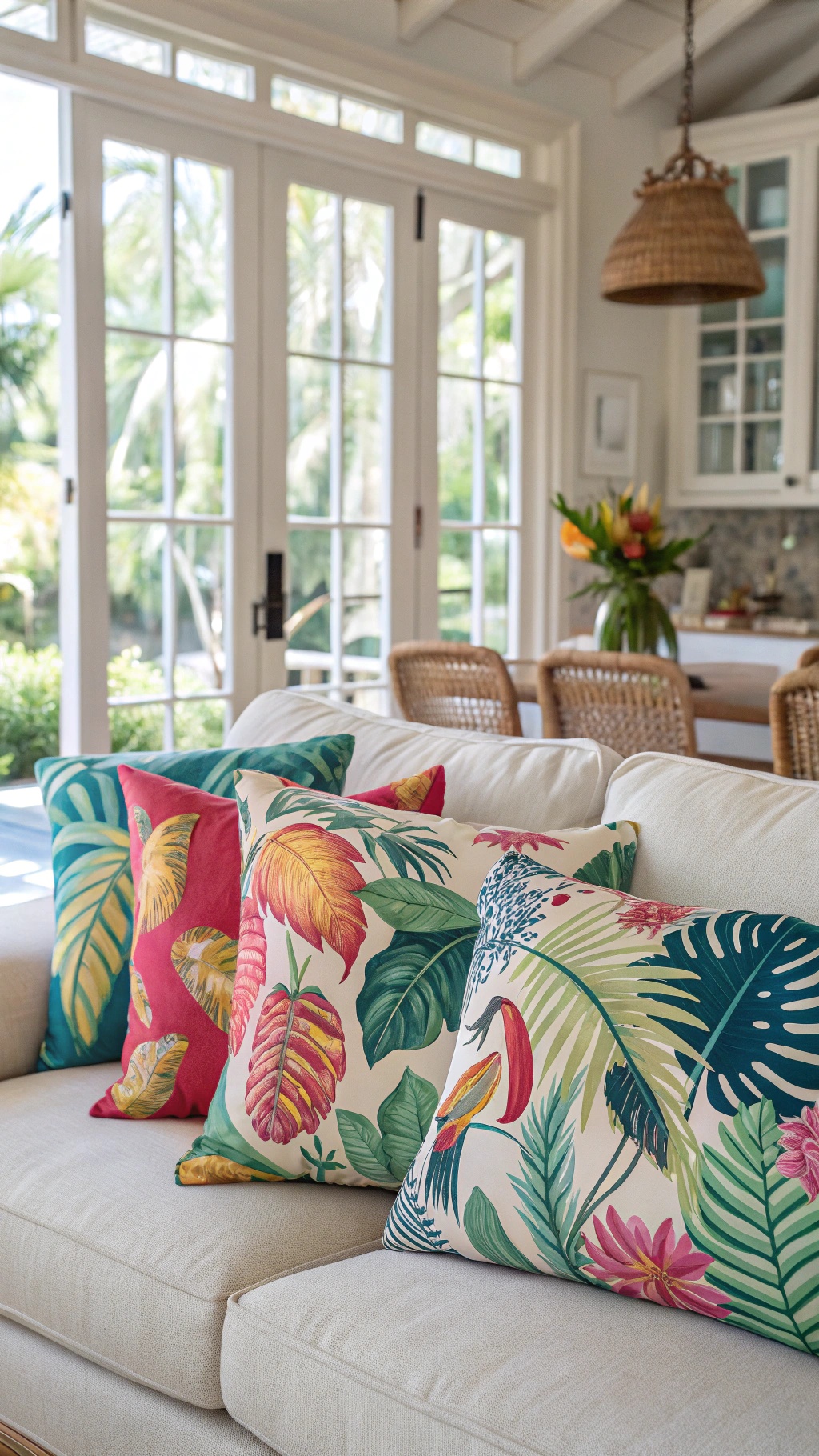 A cozy living room with tropical print cushions on a light-colored sofa.