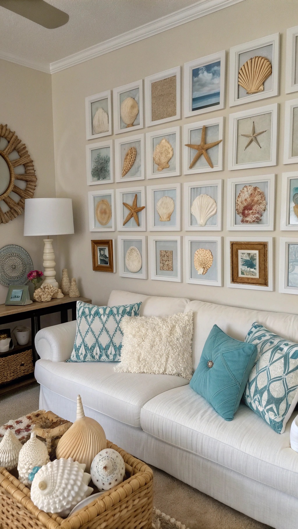 A living room with a framed seashell collection on the wall, featuring various shells and starfish in white frames.