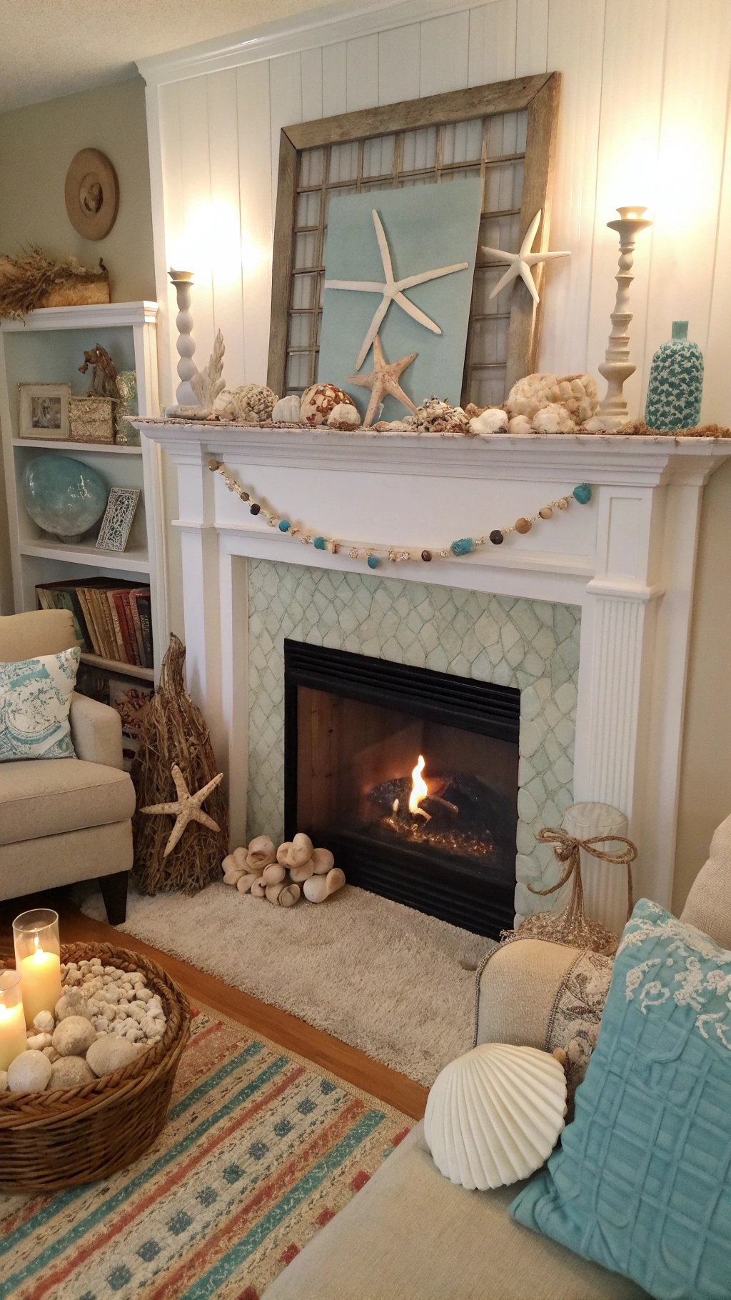 A cozy living room with a fireplace decorated with seashells and beach decor.