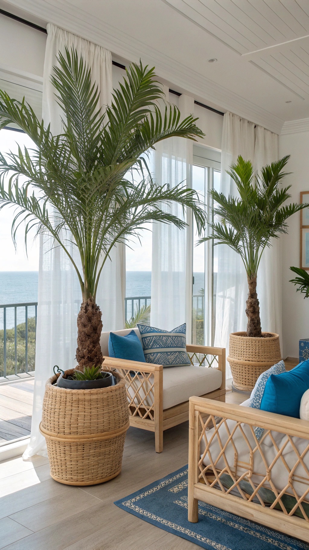 Living room with potted palm trees, light furniture, and ocean view.