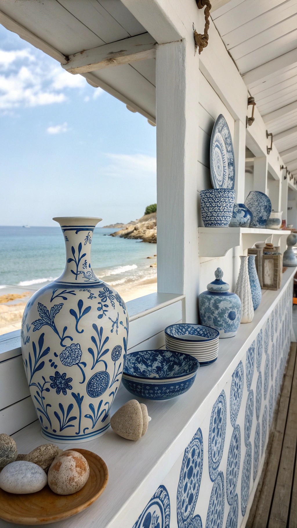 A display of blue and white ceramic vases and bowls by a seaside window.
