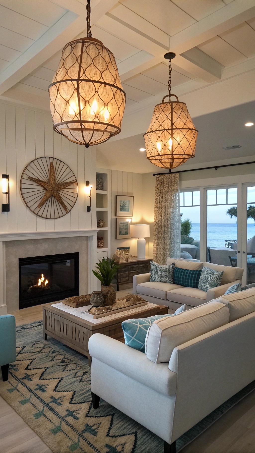 A stylish coastal living room featuring woven pendant lights and a warm fireplace.