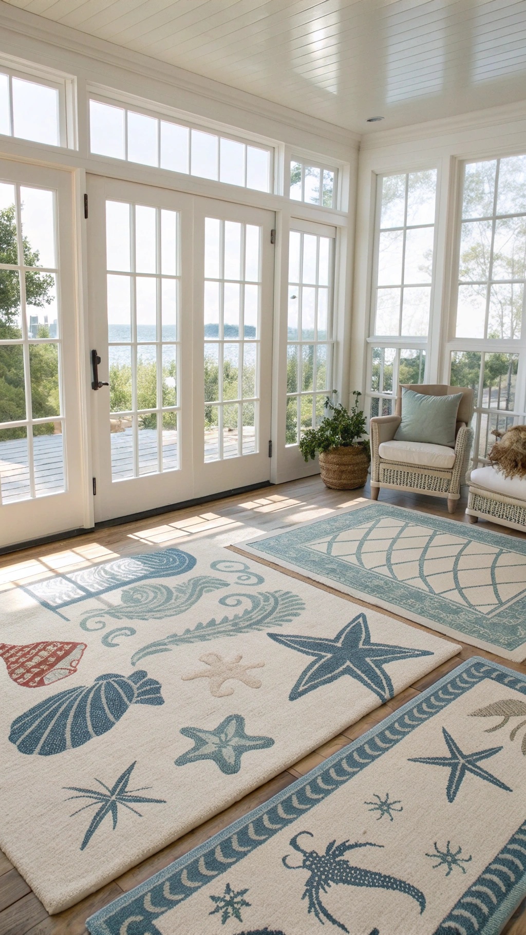 Coastal-themed throw rugs with seashell and starfish designs in a bright living room