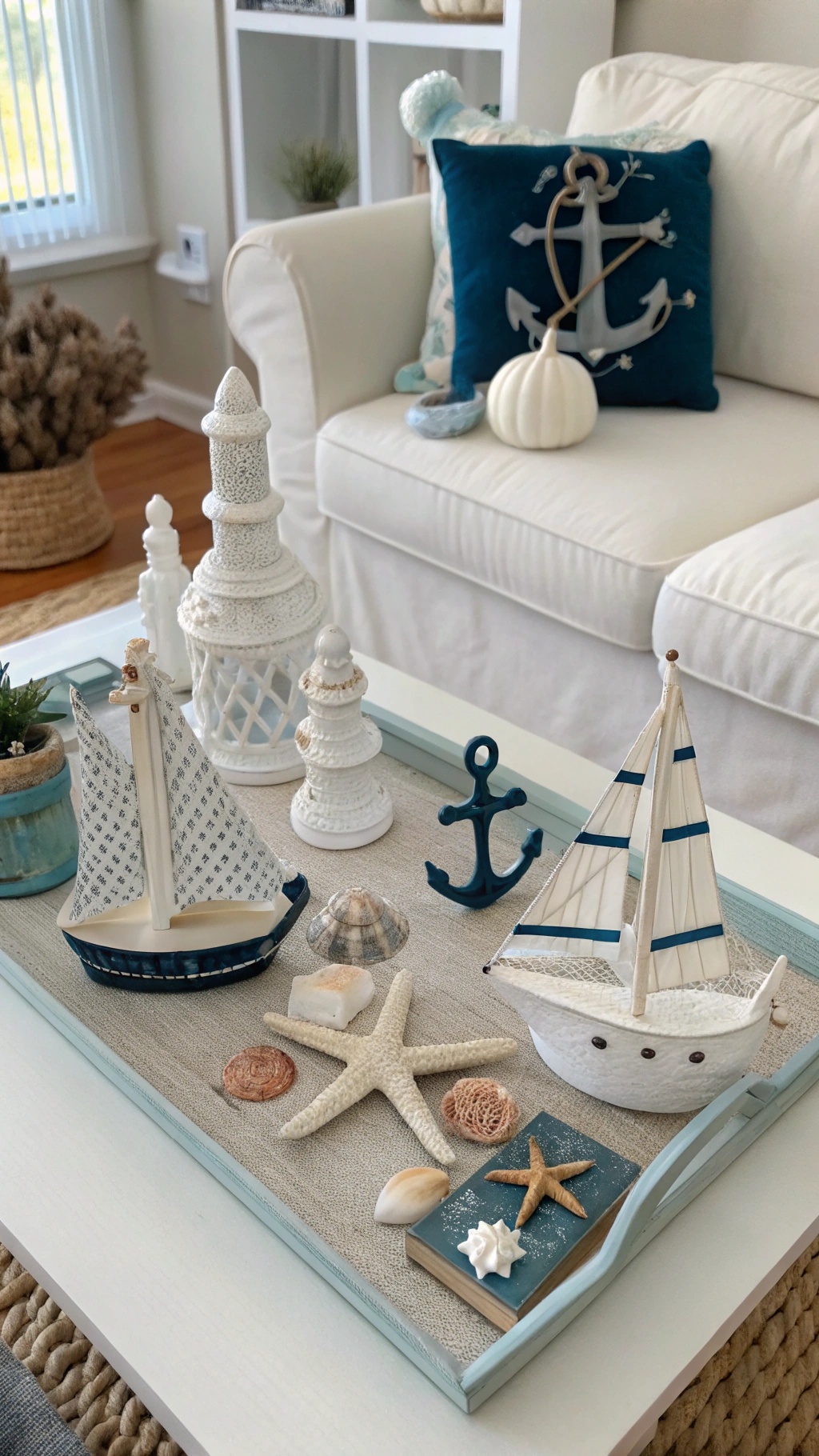 A nautical themed table setting with decorative sailboats, seashells, and an anchor on a light-colored table.