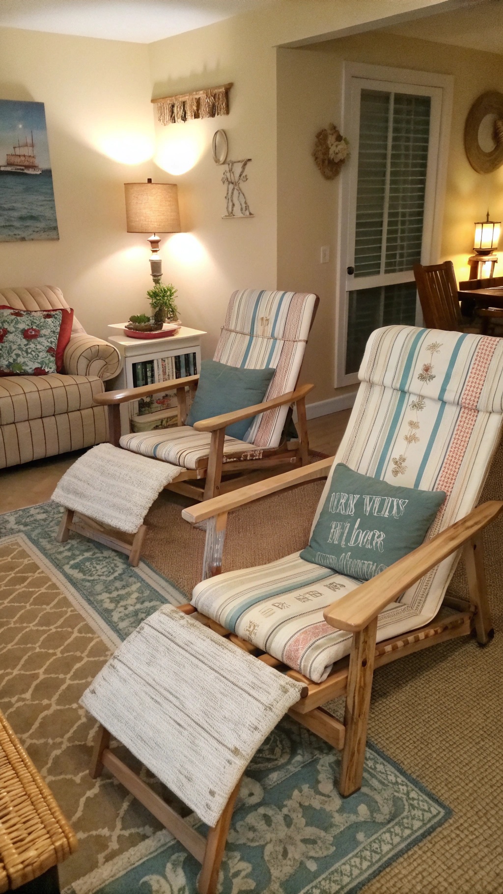 Two vintage beach chairs with striped fabric in a cozy living room setting.