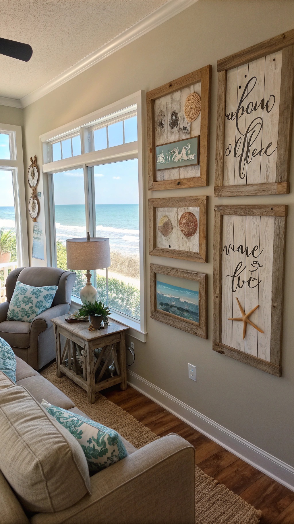 A cozy living room with beach-themed wall hangings and a view of the ocean.
