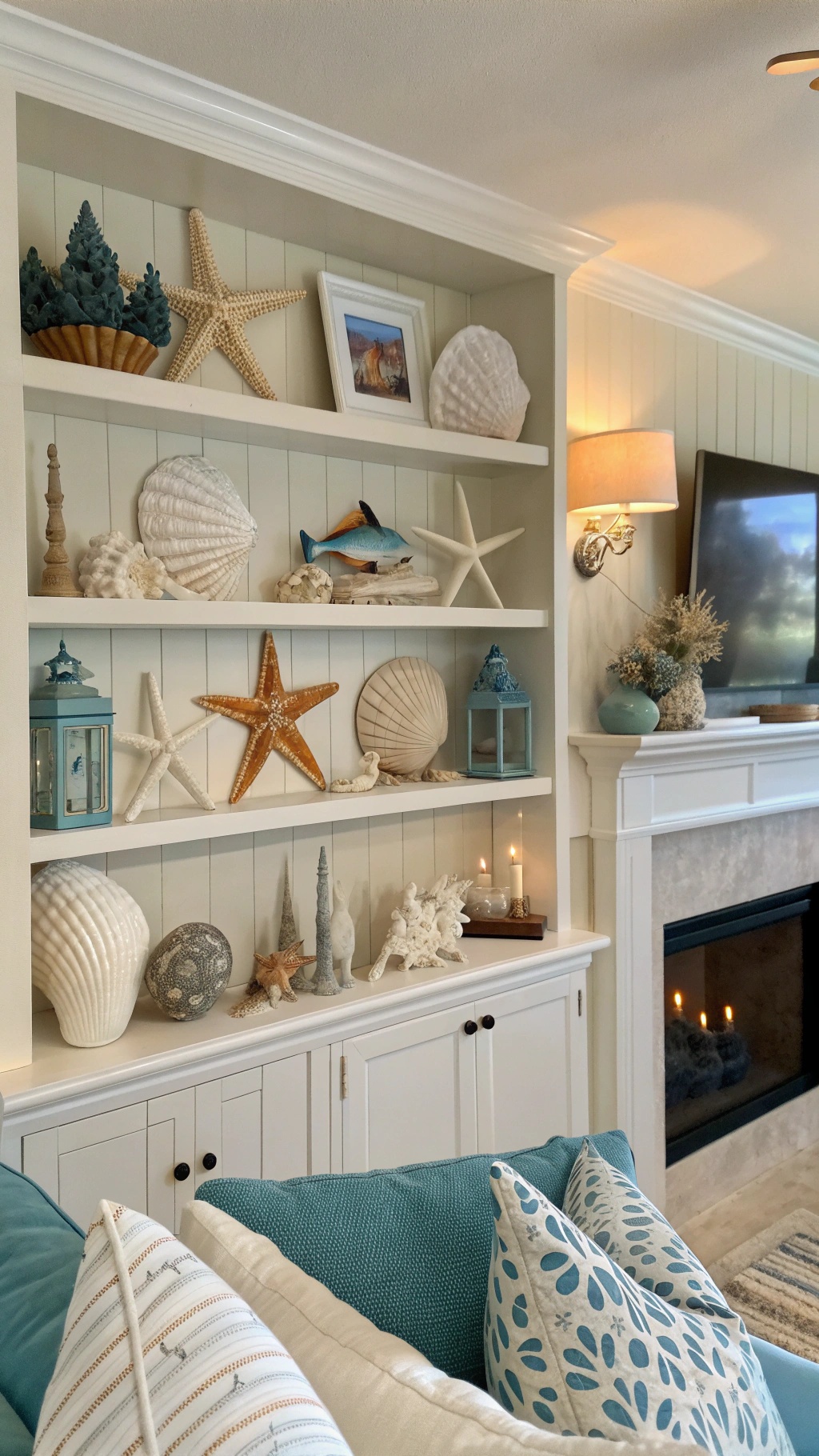 A coastal living room decor featuring seashells and starfish on shelves.