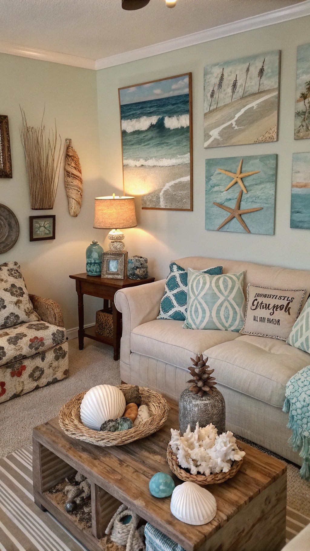 A cozy coastal living room with beach-themed decor, including seashells and ocean artwork.