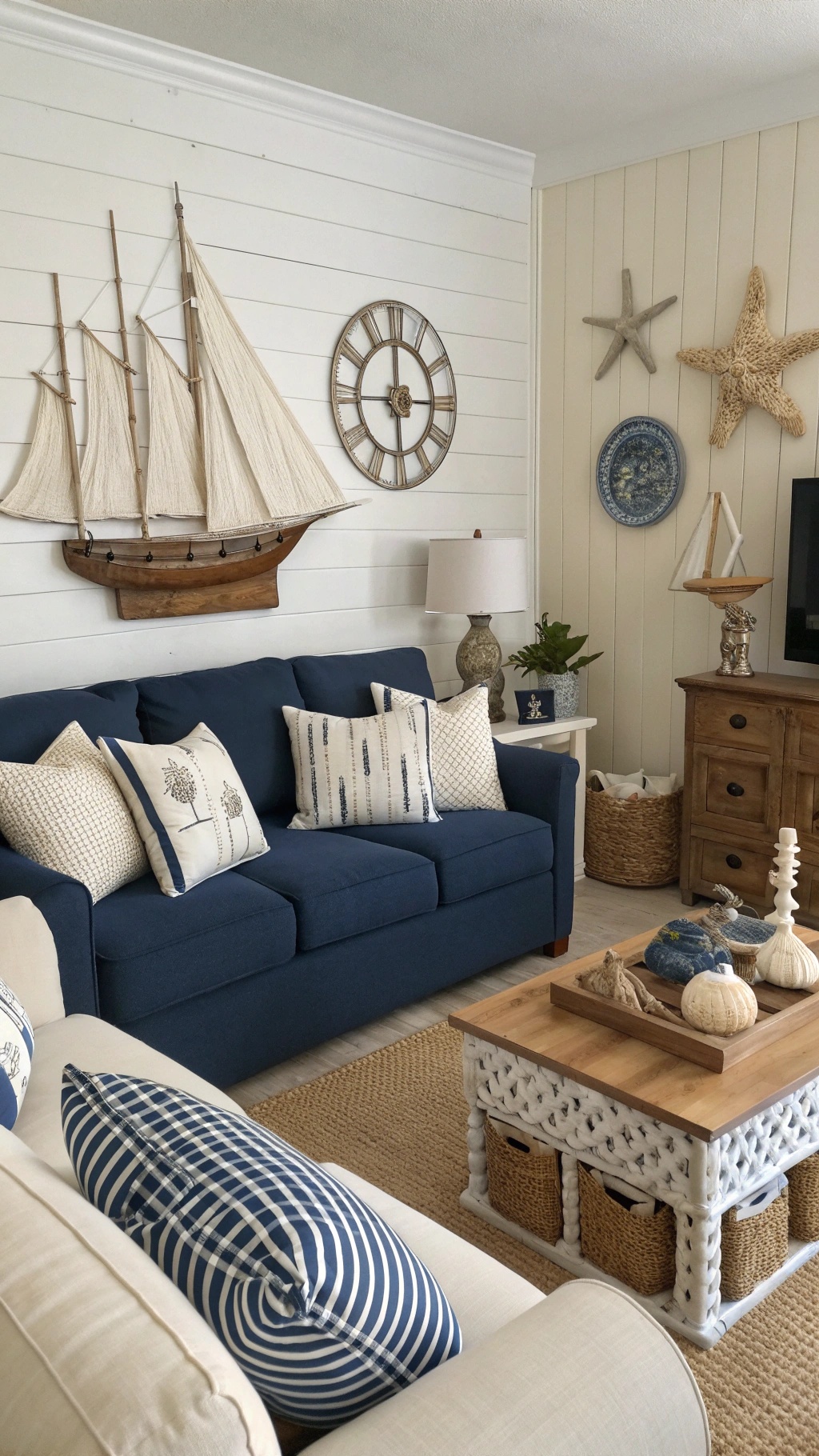 A cozy living room with nautical decor featuring a blue couch, white walls, and beach-themed accessories.