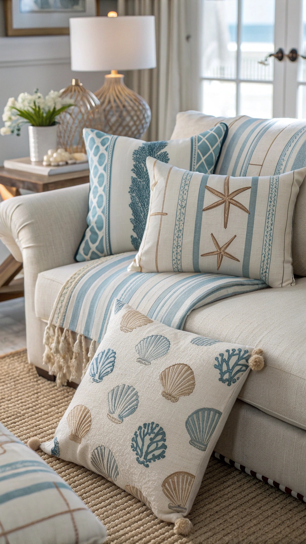 Coastal preppy living room decor with textured fabrics and patterns