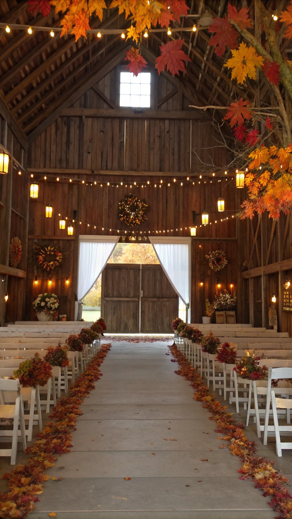 A rustic barn ceremony setup with white chairs, autumn leaves, and string lights.